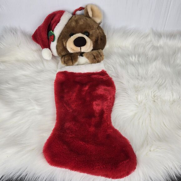 Vintage Smithy Plush Brown Teddy Bear Red Christmas Stocking 3D Head 21” - Picture 1 of 11